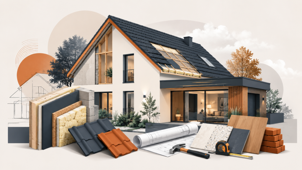 Illustration : maison individuelle avec toiture, isolation, tuiles, matériaux et outils de chantier