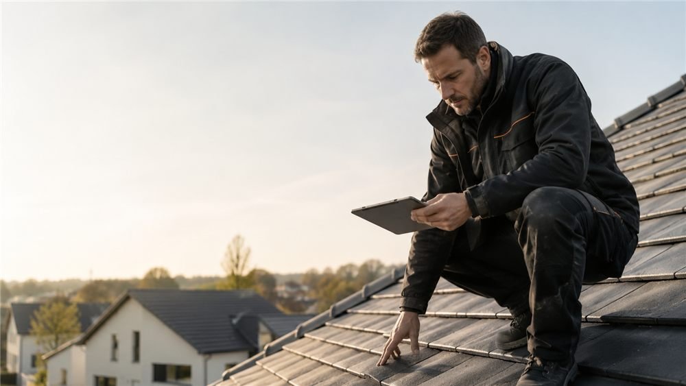 Couvreur inspectant une toiture en tuiles avec une tablette