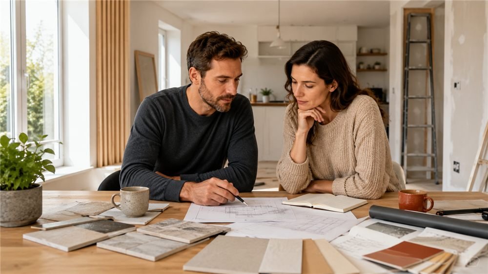 Un couple examine des plans et des échantillons de matériaux pour leur rénovation