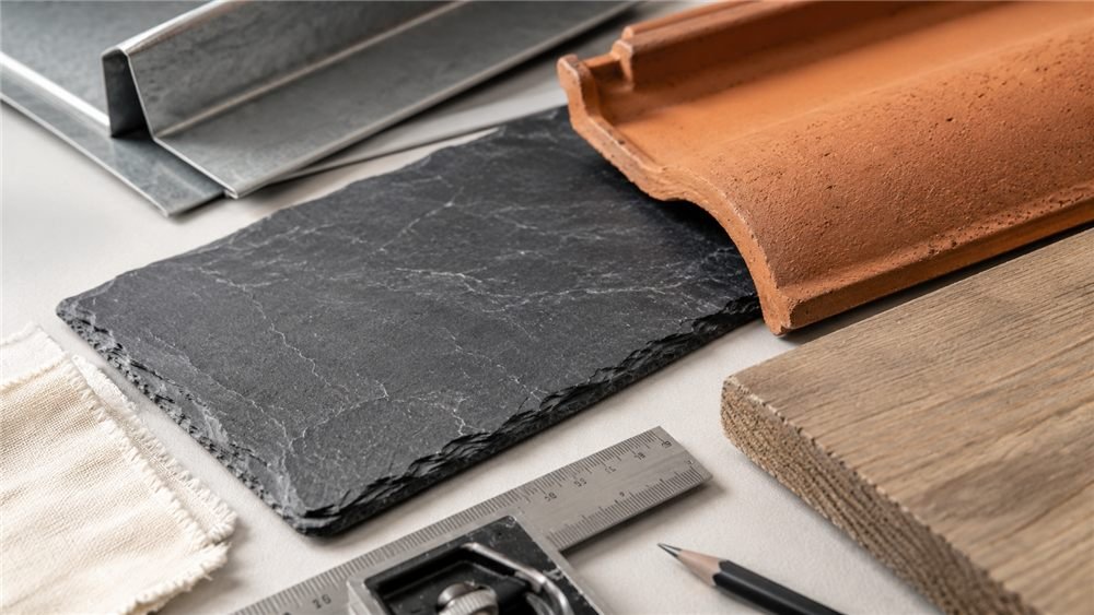 Échantillons de matériaux de couverture : ardoise, tuile en terre cuite et bois